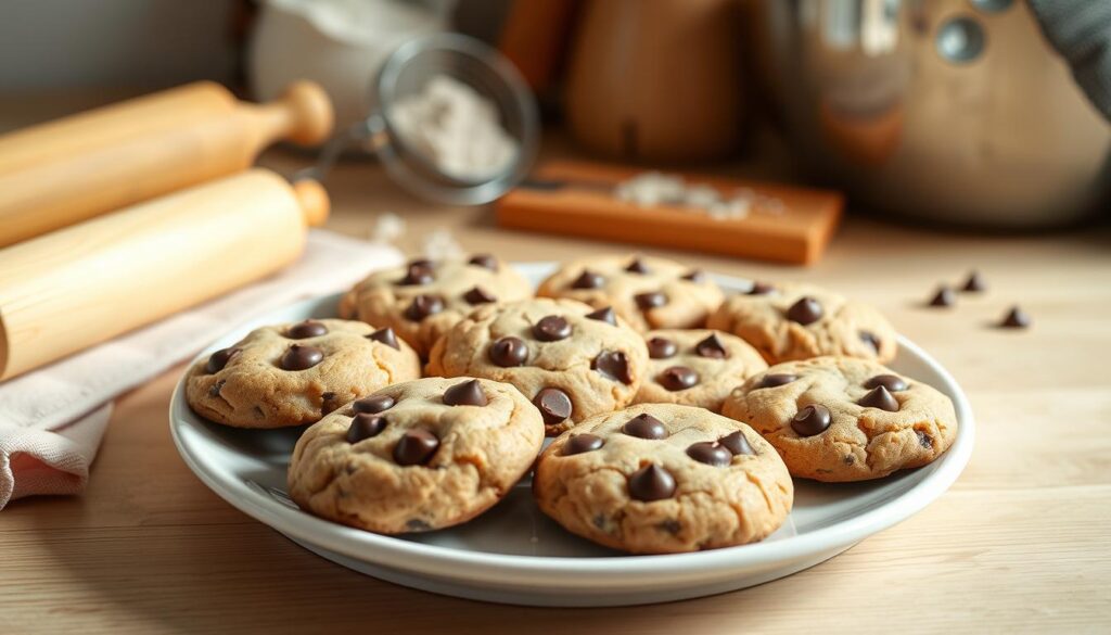 A warm and inviting kitchen scene featuring a freshly baked batch of Betty Crocker chocolate chip cookies. The cookies are arranged on a pristine white ceramic plate, the chocolate chips glistening in the soft, diffused light. The plate is placed on a wooden table, surrounded by cozy kitchen accessories like a rolling pin, flour sifter, and a mixing bowl. The background is slightly blurred, hinting at the convenience and ease of this classic recipe. The overall mood is comforting, homey, and effortless, capturing the essence of "Easy and Convenient for Busy Schedules".
